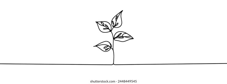 Growing sprout one line art .Vector silhouette of growing green plant. Hand drawn green leaf. Growing sprout plant continuous line .Plant with roots single line.