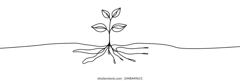 Growing sprout one line art .Vector silhouette of growing green plant. Hand drawn green leaf. Growing sprout plant continuous line .Plant with roots single line.