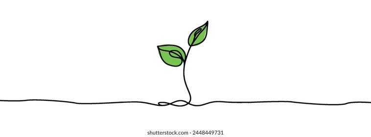 Growing sprout one line art .Vector silhouette of growing green plant. Hand drawn green leaf. Growing sprout plant continuous line .Plant with roots single line.