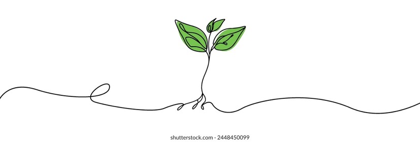 Growing sprout one line art .Vector silhouette of growing green plant. Hand drawn green leaf. Growing sprout plant continuous line .Plant with roots single line.