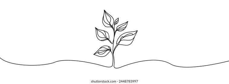 Growing sprout one line art .Vector silhouette of growing green plant. Hand drawn green leaf. Growing sprout plant continuous line .Plant with roots single line.