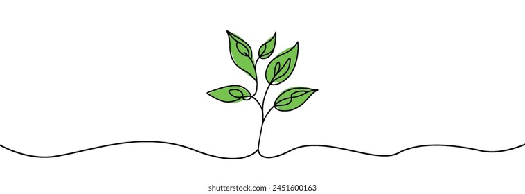 Growing sprout one line art .Vector silhouette of growing green plant. Hand drawn green leaf. Growing sprout plant continuous line .Plant with roots single line.