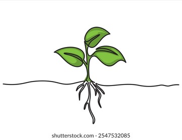 Growing sprout one line art .Vector silhouette of growing green plant. Hand drawn green leaf. Growing sprout plant continuous line .Plant with roots single line.
