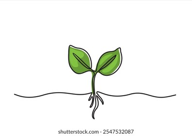 Brote en crecimiento de una línea de arte. silueta de Vector de la planta verde en crecimiento. Dibujado a mano hoja verde. Planta de brotes en crecimiento línea continua. Planta con raíces de una sola línea.
