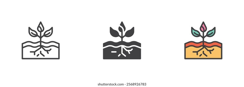 Growing sprout with root in soil icon. line and glyph version, outline and filled vector sign. linear and full pictogram. Seedling symbol, logo illustration. Different style icons set