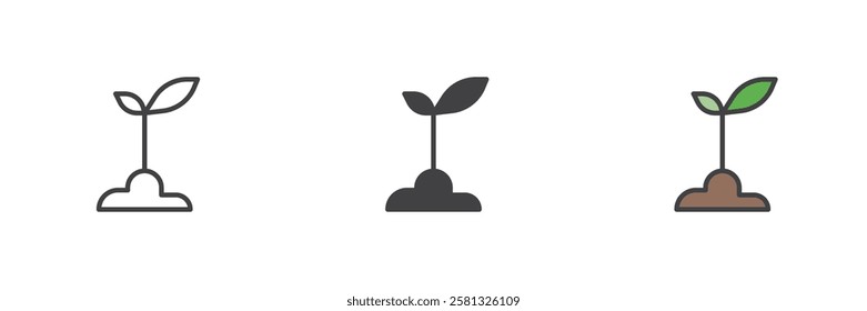 Growing sprout from soil different style icon set. Line, glyph and filled outline colorful version, outline and filled vector sign. Symbol, logo illustration. Vector graphics