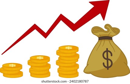 Growing Stack of Gold Dollar Coins. Financial Growth Leading to Success. Growing Income Concept. Enlarging the Graphic Chart. Vector illustration