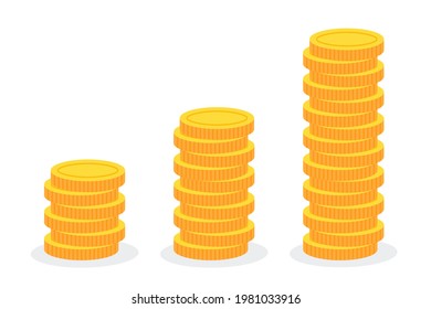 Creciente pila de monedas de oro. Concepto financiero creativo de crecimiento de la inversión, beneficio o interés. Pila de dinero. Simple y moderna ilustración vectorial de dibujos animados. Icono de diseño gráfico de estilo plano.