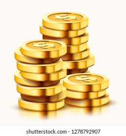 Growing stack of golden dollar coins isolated on white background. Economics concept. Vector illustration