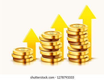 Growing stack of golden dollar coins with rising arrow isolated on white background. Economics concept. Vector illustration