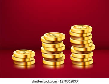Growing stack of golden dollar coins isolated on white background. Economics concept. Vector illustration