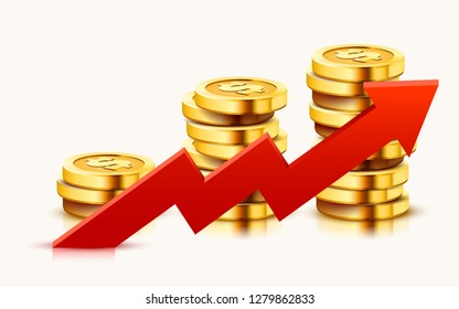 Growing stack of golden dollar coins with rising arrow isolated on white background. Economics concept. Vector illustration