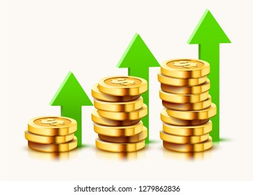 Growing stack of golden dollar coins with rising arrow isolated on white background. Economics concept. Vector illustration