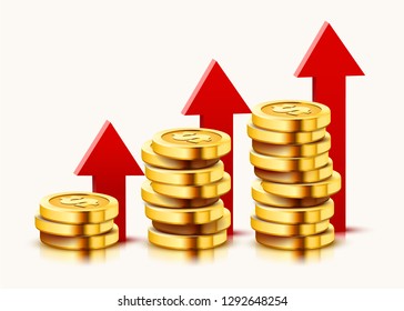 Growing stack of golden dollar coins with rising arrow isolated on white background. Economics concept. Vector illustration