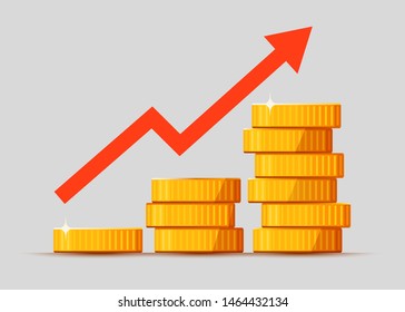 Growing stack of golden dollar coins with rising arrow isolated on white background. Economics concept. Vector illustration