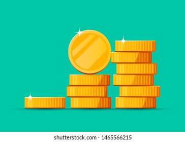 Growing stack of golden dollar coins background. Economics concept. Vector illustration