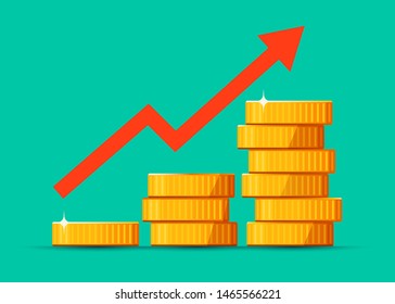 Growing stack of golden dollar coins with rising arrow background. Economics concept. Vector illustration