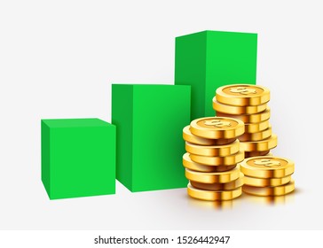 Growing stack of golden dollar coins with rising graph isolated on white background. Economics concept. Vector illustration