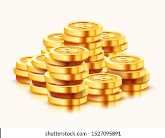 Growing Stack Of Golden Dollar Coins Isolated On White Background. Economics Concept. Vector Illustration