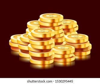 Growing stack of golden dollar coins isolated on dark background. Economics concept. Vector illustration