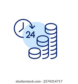 Growing stacks of coins and 24 hours clock. Constant wealth and investment growth. Pixel perfect, editable stroke icon