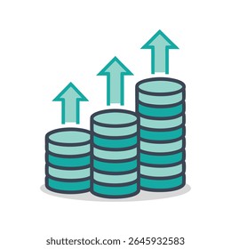 Growing Stacks of Coins: Upward Trend, Teal Color Scheme, Positive Financial Growth Illustration