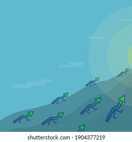 Growing start-up businesses in the form of funny arrows with green indicators running uphill to a glowing target vector 