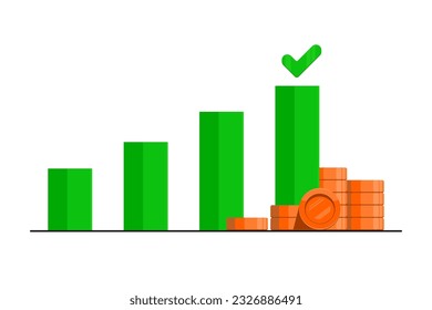 Growing step bar of financial to the future, Growth bar with check mark, gold coin on isolated background, Digital marketing illustration.