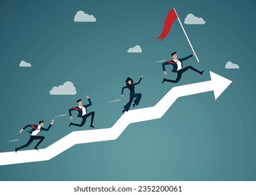 Growing to success concept, group members, team, business people running up arrow. leadership holding red flag. business growth, career path development. motivate employee, reach target, vector.