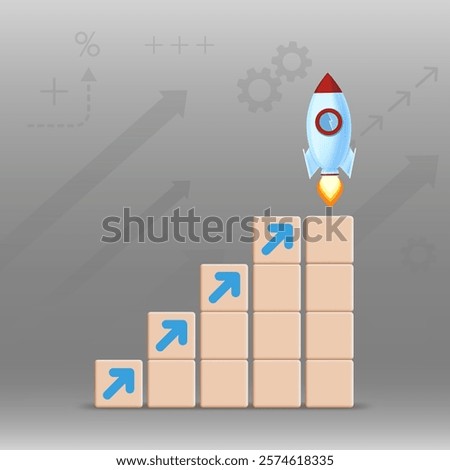 Growing success graph made of cubes with rocket taking off. Vector illustration