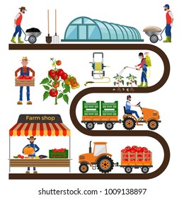 Growing tomatoes. Farming infographic set with farmers, greenhouse, equipment and other objects. Collection of vector illustrations isolated on white