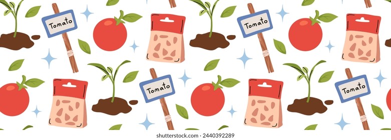 Anbau von Tomaten nahtlose Muster. Landwirtschaft Zucht Artikel Saatgut, Setzlinge, Schild mit Inschrift. Gemüse anbauen. Hintergrund für Textilien, Tapeten, Geschenkpapier, Geschäfte. Vektorgrafik