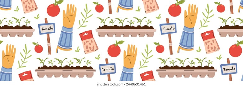 Cultivo de tomates sin patrón. Agricultura Artículos de semilla, plántulas, guantes de jardinería amarillos, signo con inscripción. Cultivando verduras. Fondo para textil, papel pintado. Ilustración de vector