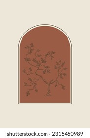 Growing tree in arch hand drawn abstract illustration poster.