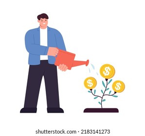 Growing tree with coins, caring for a tree, man watering the plant. Growing business concept. A symbol of successful business. Vector illustration
