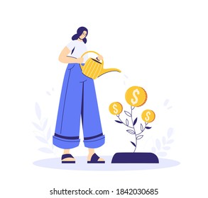 Growing tree with coins, caring for a tree, woman watering the plant. Growing business concept. A symbol of successful business. Isolated vector illustration in modern flat style