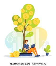 Growing tree with coins and man working with laptop. Profit, income and  financial money making  investment success concept. Isolated vector illustration for banner, poster, advertising.