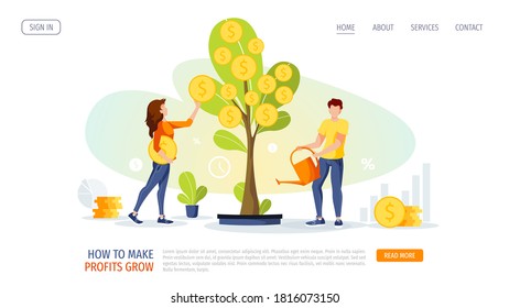 Growing tree with coins. Woman picking cash and man watering the money tree. Profit, income, making money, financial success, investment concept. Vector illustration for banner, poster, website.