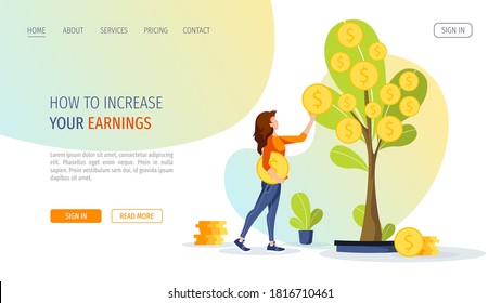 Growing tree with coins and woman picking cash from the money tree. Profit, income, making money, financial success, investment concept. Vector illustration for banner, poster, website.