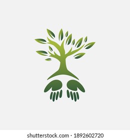 Growing Tree Leaves on Two Hands Green Icon Symbol Logo