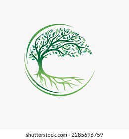 Growing Tree with the leaves and roots  illustration inside a  circle