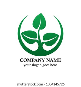 Growing tree logo. Ecology logotype. Green design in the form of a circle. Young sprout as a symbol of a new startup. Vector illustration flat design. Isolated on white background.