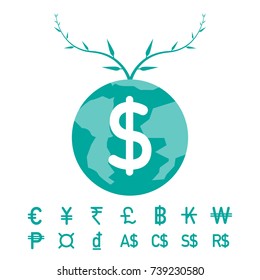 The growing tree on the globe.The growth of the currency in the world icon.Flat style vector illustration.