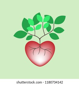 Growing tree settle in heart outline flat graphic design. Create environmental awareness concept. Vector illustration.