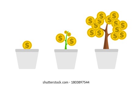 Cultivando árboles en maceta vegetal con hojas del concepto de monedas de oro depositando y ahorrando dinero vector plano.