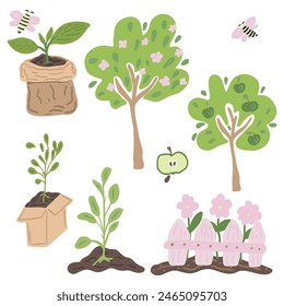 Wachsende Bäume und Pflanzen Apfelbaum grüne flache Design-Set