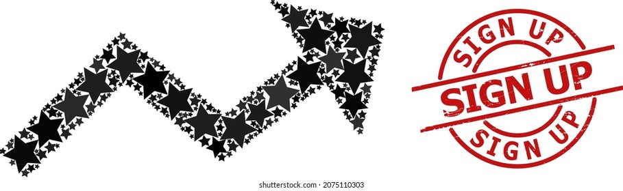 Growing trend arrow star pattern and grunge Sign Up seal stamp. Red stamp with distress style and Sign Up text inside circle.