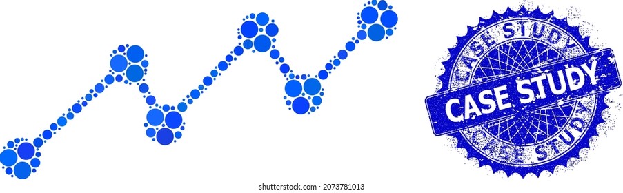Mosaico vectorial de tendencia creciente de puntos redondos de varios tamaños y tonos azules, y sello del estudio de caso de caucho. El sello de sello de rosette azul redondo y agudo contiene el título del estudio de caso en el interior.