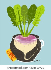 Growing Turnip with Green Leafy Top in Container. Root vegetable container gardening illustration. Layered vector EPS8