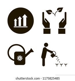 growing vector icons set. with watering can, growing graph, person watering can and hands sprout in set